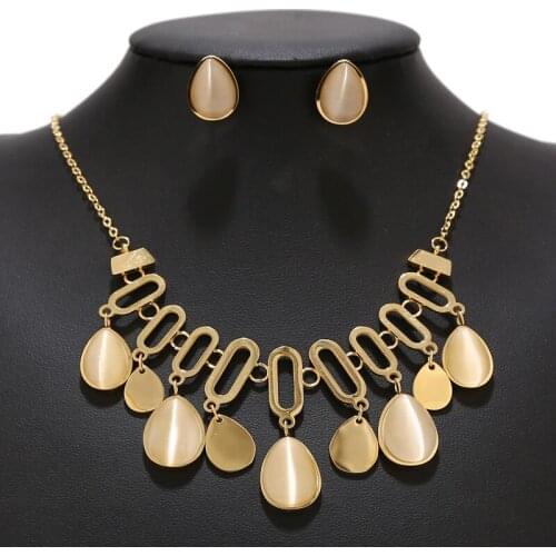 Stainless Steel Charm Necklace Bohemian Gold Sets Water Drop Necklaces Earrings Stud For Women Jewelry Set Wedding Party 20