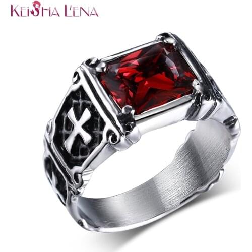 Anel Punk Cross Ring Casting Prong Setting Red CZ Stone Stainless Steel Christ Prayer Male Alliance Jewelry Size 7~12 Anillos