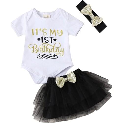 Summer Baby Sets Romper + Mesh Skirt + Headband 3 In 1/lot Toddler Kids 1yrs Birthday Outfit Childrens Clothes