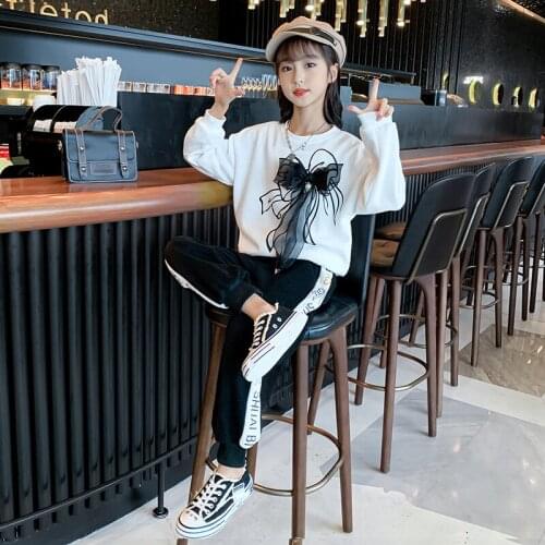 White Black Teenage Girls Bow Spring Autumn Casual Clothing Suit Little Girl Cute Cotton Sweater + Pants Sports Two-piece Suit