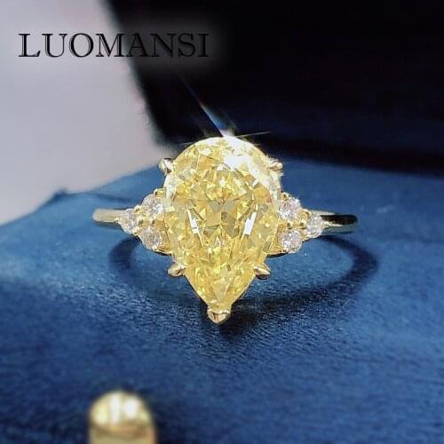 Luomansi New 8*12 Drop-shaped Yellwo High Carbon Diamond Ring s925 Silver Ring Womens Party Jewelry Wholesale