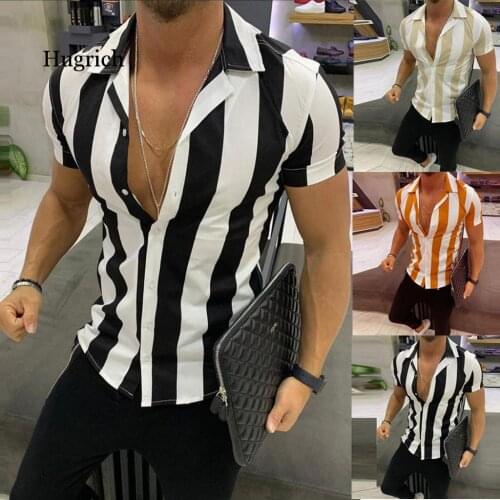 Fashion Men Shirt Stripe Printed Splicing Colorful Stripe Short Sleeve Slim Shirt