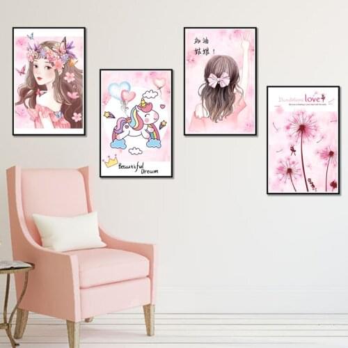 Cartoon Girl Wall Sticker DIY Unicorn Flowers Mural Decals for Kids Rooms Baby Bedroom Nursery Home Decoration Accessories