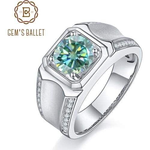 GEMS BALLET 925 Sterling Silver 1Ct Green Color Moissanite Rings Men Modern Ring For Anniversary Fathers Day Gift Fine Jewelry