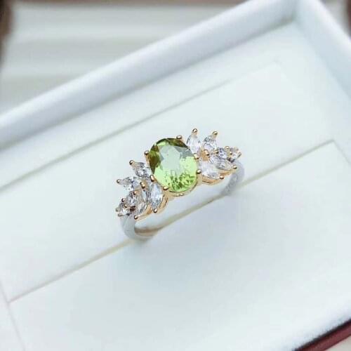 Natural Olivine S925 Pure Silver Oval Gemstone Small Fresh Ring Fine Fashion Wedding Jewelry for Women Free Shipping【FS Jewelry