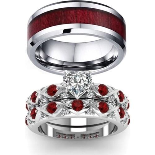 Ring for Men Women Stainless Steel Wedding Bands Red Crystal Wood Rings Couple Jewelry Good Quality