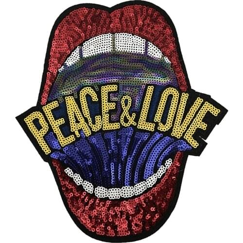 PEACE LOVE Lips Sequins Patch for Clothes Sew/Iron on Embroidery Sequined Patches DIY Decoration Stickers