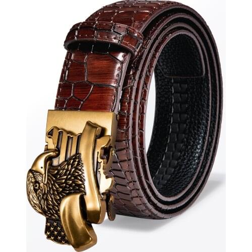 Brand Men Belt High Quality Genuine Leather Gold Eagle Metal Automatic Buckle Crocodile Pattern Cowhide Waist Strap DiBanGu
