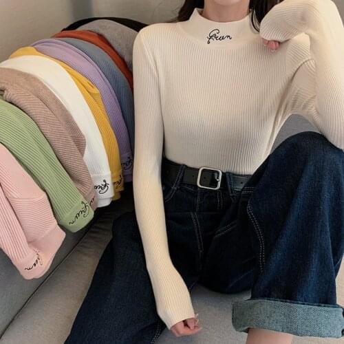 2020 Autumn Winter Women Embroidery Sweater Knitted Elasticity Casual Jumper Fashion Slim Turtleneck Warm Female Pullovers