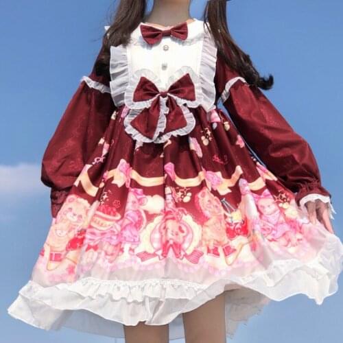 Sweet Lolita bear party cute op long sleeve dress autumn bowknot lace victorian dress kawaii girl gothic lolita op loli cos