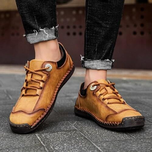 Men Shoes Fashion Soft Leather Breathable Rubber Sole Lace Up Flat Casual Shoes Handmade Walking Driving Shoes Large Size 38-47