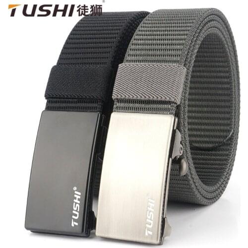 TUSHI 2021 Hot Sell Business Men Belt 120cm*3.4cm Thick Canvas Knitted Waistband Metal Automatic Buckle Tank Pattern Girdle Gift