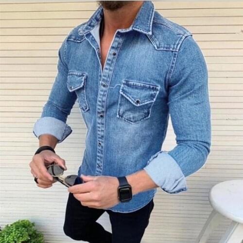 Vintage Solid Slim Fit denim Shirts jacket For Men Autumn Long Sleeve Casual Tops Mens Fashion Turn-down Collar Buttoned Shirt