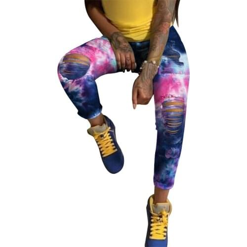 Tie Dye Print Holes Distressed Jeans Pants for Women Button Fly Fashion Casual Pencil Pants Female Denim Trousers