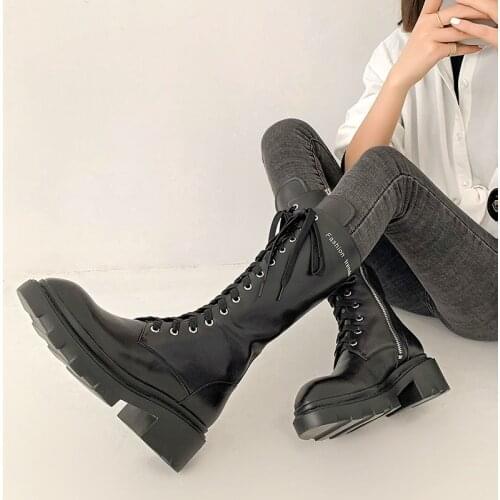 Women Shoe Leather+PU Zipper Motorcycle High Boots Platform Hot Girl Martin Boots Thick Bottom Riding Equestrian botas de mujer
