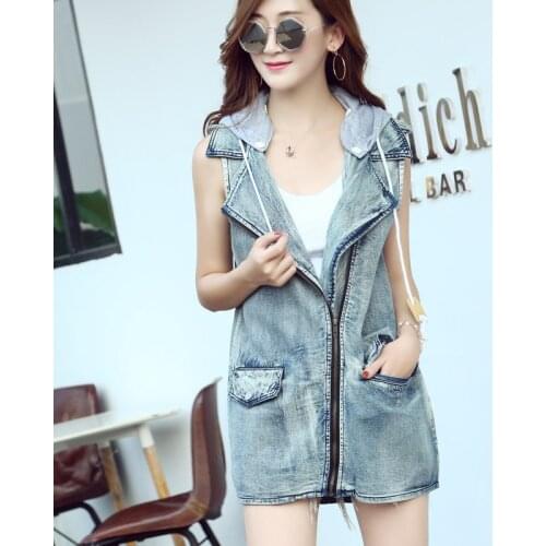 Women Denim Vest Hood 2021 Summer Slim Jeans Femme Streetwear Sleeveless Jackets Jean Waistcoat