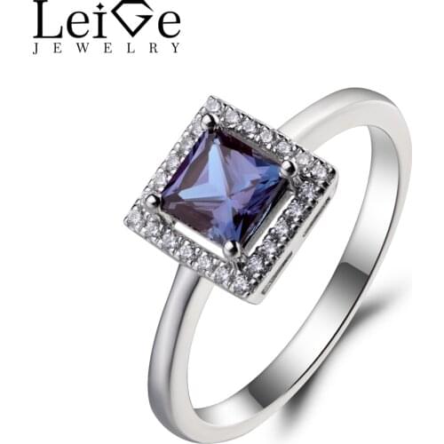 Leige Jewelry Alexandrite Ring Wedding Ring Princess Cut Gems June Birthstone Color Changing Gemstone 925 Sterling Silver Ring