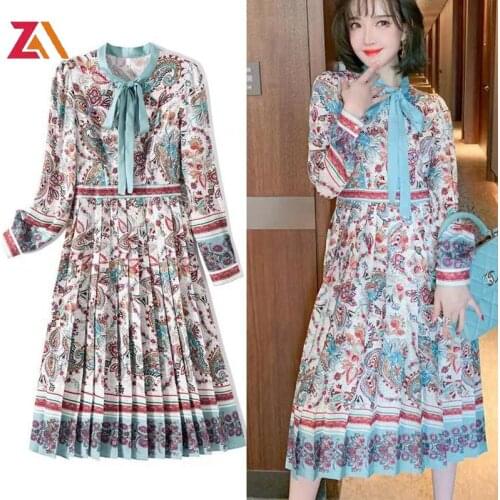 ZALady Vintage Printed Midi Long Sleeve Women Dress Stripe Bow Elegant Retro Summer Party Pleated Ladies Dresses Plus size 2XL