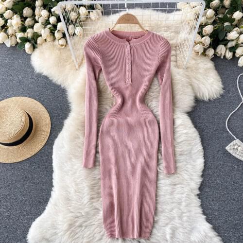 SINGREINY Chic Korean Knitting Dress Women Autumn Long Sleeve Elastic Slim Sheath Dresses 2021 Winter Sexy Bodycon Sweater Dress