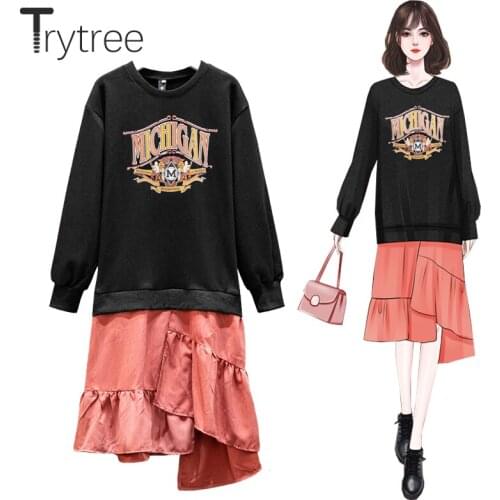 Trytree 2020 Winter Casual Women Dress Cotton Blend O-neck Letter Sweatershirt Patchwork Ruffles Hem Fleece Liner Thick Dress