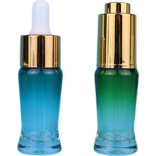 15ml Gradient Glass Refillable Bottle Essence Emulsion Container Gold Silver Press Pump Essential Oil Vials White Rubber Pipette