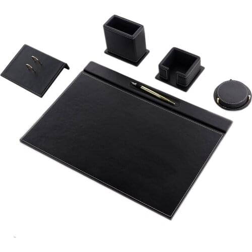 Calme 5 Pcs Handmade Black Leather Desk Set, Desk pad in 49cm x 34cm, Penholder, Cube Note Holder, Coaster