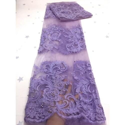 5yards/pc) New arrival beaded French net lace lilac purple African tulle lace fabric with embroidery for beautiful dress FZX073