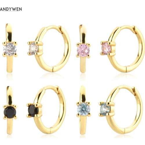 ANDYWEN 925 Sterling Silver 9.5mm Slim One Zircon Huggies Clips Piercing Pendiente Earring Loops Rainbow Hoops Summer Jewelry