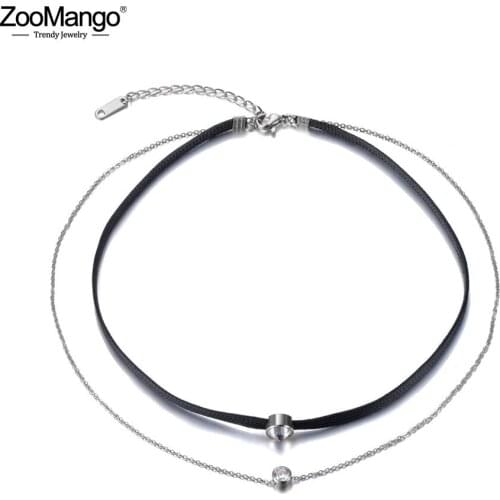 ZooMango Bohemia Stainless Steel Double Layer Necklaces Jewelry Trendy Cubic Zirconia Chain Choker Necklace For Women ZN19019