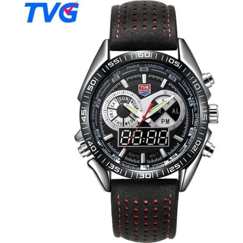 TVG Top Luxury Brand Watch Men Waterproof Sport Watch LED Digital Quartz Clock Man Leather Military WristWatch Relogio Masculino