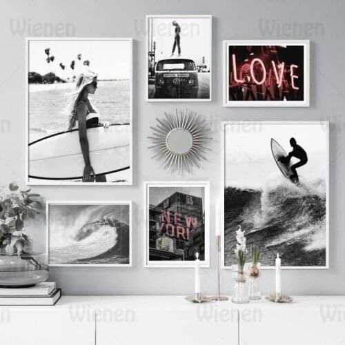 Black and White Wall Art Girl Surfing New York Love Neon Wall Art Canvas Painting Nordic Poster And Print Modern Home Decoration