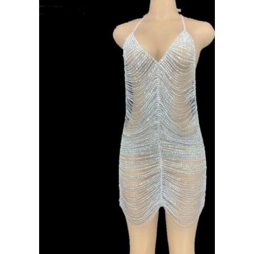 Black Silver Rhinestone Chain Short Dress Bar Prom Women Dancer Backless Hollow Outfit Birthday Celebrate Dress