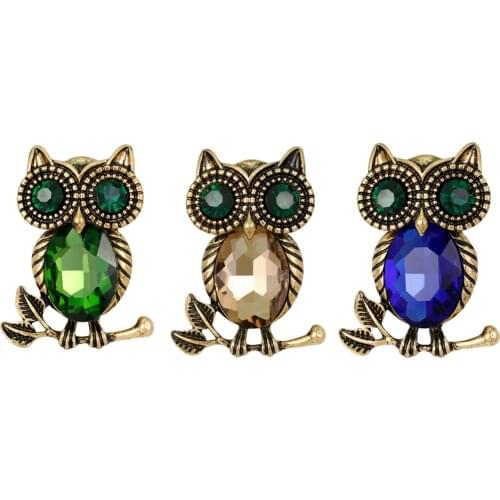 Elegant Rhinestones Owl Bird Brooch Pin Green Crystal Eye Horned Owl Brooch