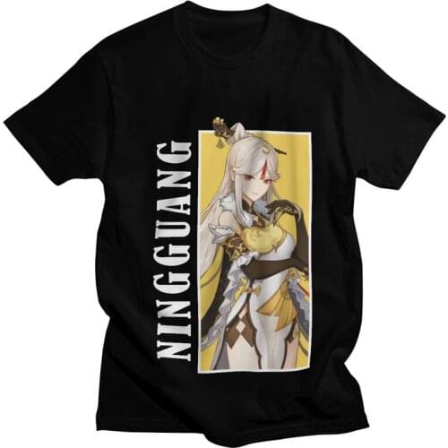 Ningguang Genshin Impact T Shirt for Men Pure Cotton Tshirt Fashion Tee Tops Short Sleeved Japan Anime Game T-shirts Apparel