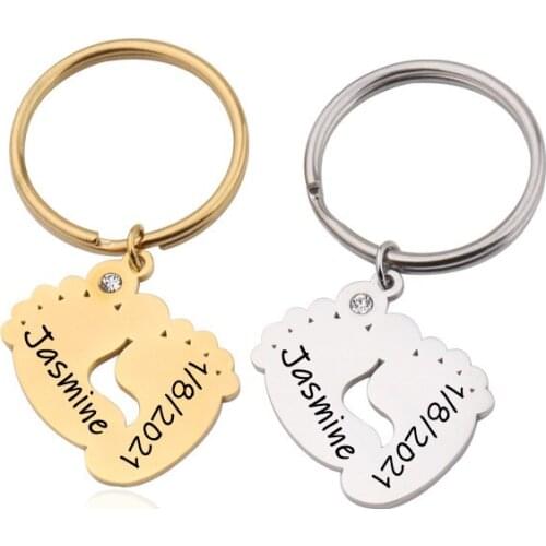 DIY Custom Baby Feet Birth Date Keychain Laser Engraving Key Chain Mother Gift Key Ring Stainless Steel Fashion Women Keychains