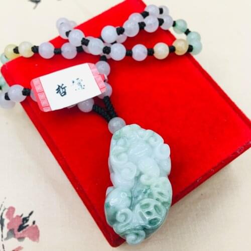Pure natural Emerald jade hand-carved light two-color unicorn pendant three-color jade jade necklace sweater chain