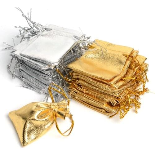 50pcs Adjustable Jewelry Packing Silver Gold Color Foil Cloth Drawstring Velvet Bag Wedding Gift Bags & Pouches 7x9cm 9x12cm