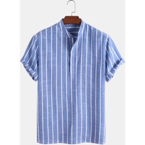 Mens Stripe Printed Short Sleeve Stand Collar 100% Cotton Casual Blue Henley Shirts
