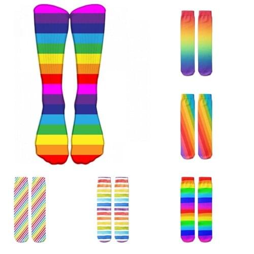 Colorful Stripe Printed Socks For Unisex Fashion Funny Rainbow Cotton Long Socks Cute Harajuku Women Thigh High Casual Socks