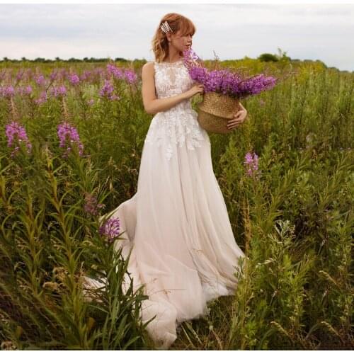 See Through O-neck Flowers Lace Applique A-line Garden Wedding Dress Sleeveless Tulle Bridal Dress vestido de noiva simples