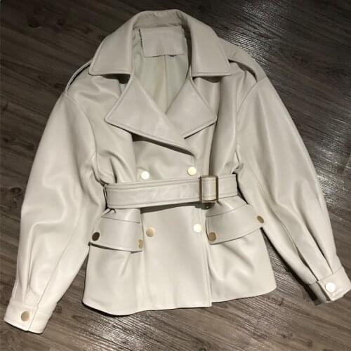 Women Real Lambskin Jacket Skirt Style with Belt Real Leather Fashionable Sweet Women Streetwear Pure Leather Jacket