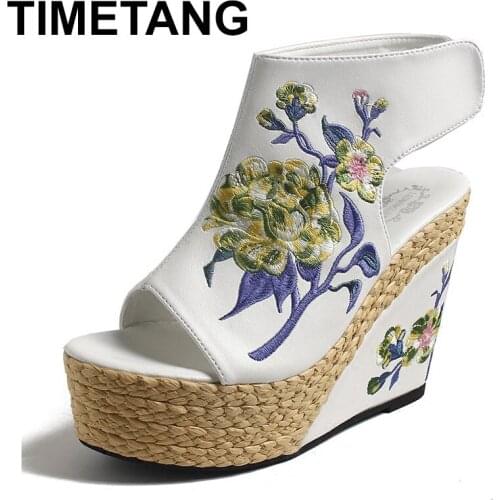 TIMETANG 2020Embroidered Wedge Women Sandals Platform Summer Shoes Peep Toe Vintage High Heels Hemp Sole Lady Pumps