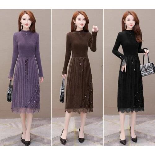 Womens Mink Fleece Dress 2021 New Female Autumn Winter Dress Temperament Dresses For Women Long Sleeve Knit Dress
