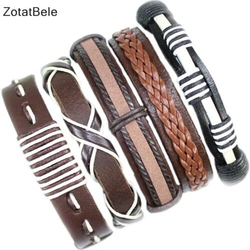 ZotatBele 5Pcs/Set Vintage Multilayer Leather Bracelet Men Fashion Braided Handmade Rope Wrap Bracelets&Bangles Male Gift X111
