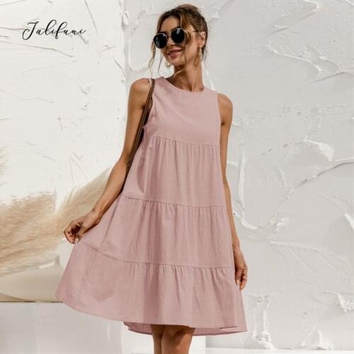 2021 Sleeveless Vest Dress Summer Womens Solid O Neck Cotton Patchwork Ruffle Oversize Hem Ruched Knee Length A Line Sundress