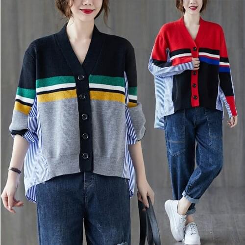 Large size sweater women autumn winter new fashion striped stitching Korean loose V-neck knitted cardigan long-sleeved jacket121