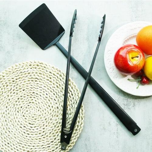 Black BBQ Grill Tools Set Non-stick Coating Spatula Tongs Food Clamp Cook Turner Barbecue Accessories Cooking Utensils 2pcs