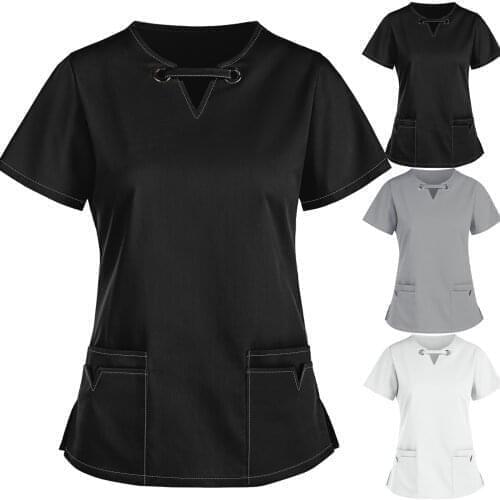 Women Solid Print Short Sleeve V-neck Carer Top Health Worker Scrubs Top Nursing Uniform For Male Female Dental Medical Uniforms