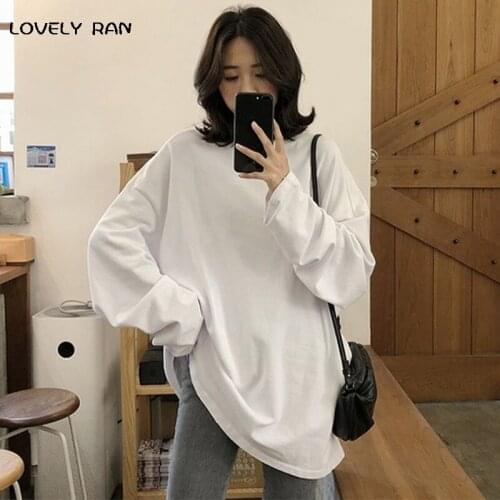 Oversize Full Sleeve Womens Long T-shirt O-Neck Solid Avocado Green Y2K Elastic Loose Casual Girl Base Tees Streetwear Spring