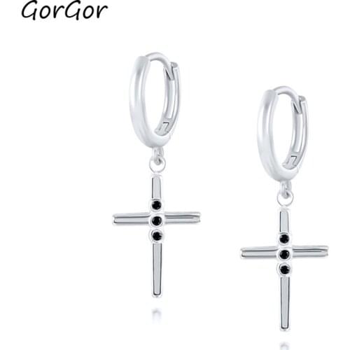GorGor Drop Earrings Women 25 Sterling Pattern Cross Pendant Gold Plated Cubic Zirconia Individuality Jewelry 60203770102